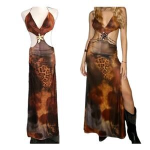 Jaded London Vida Mesh Maxi Dress in Whiskey Animal UK6/ US 2 Womens Cut out